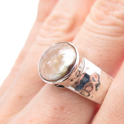 SILPADA 925 Sterling Silver Vintage Real Pearl Modernist Hammered Ring Size 9.25
