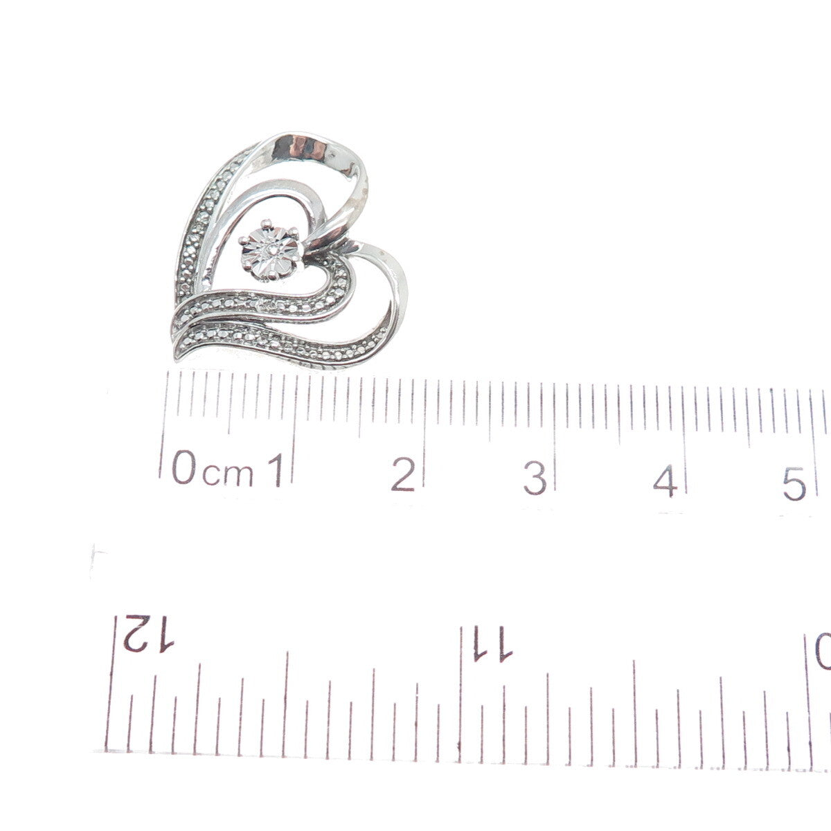 925 Sterling Silver Real White Diamond Open Double Heart Slide Pendant