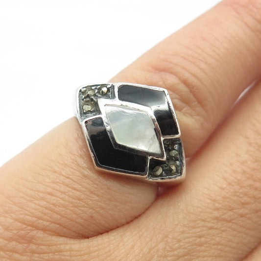 925 Sterling Silver Vintage Real MOP Onyx & Marcasite Rhombus Ring Size 4.75