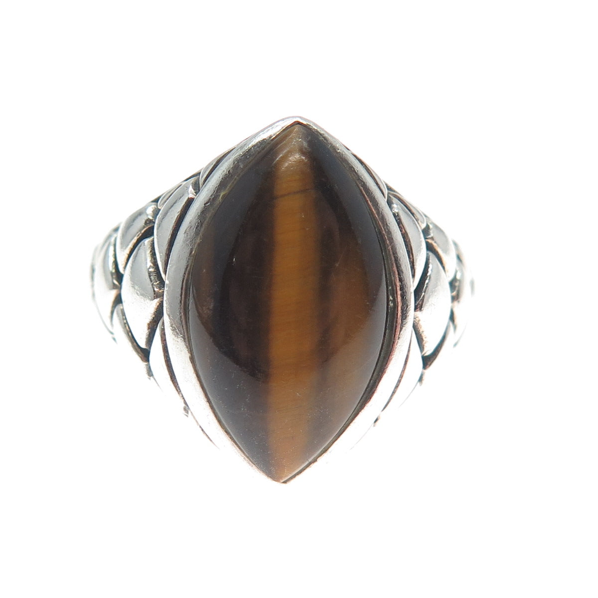 SX SALLY C Sterling Silver Vintage Real Tiger Eye Woven Oxidized Ring Size 8.25
