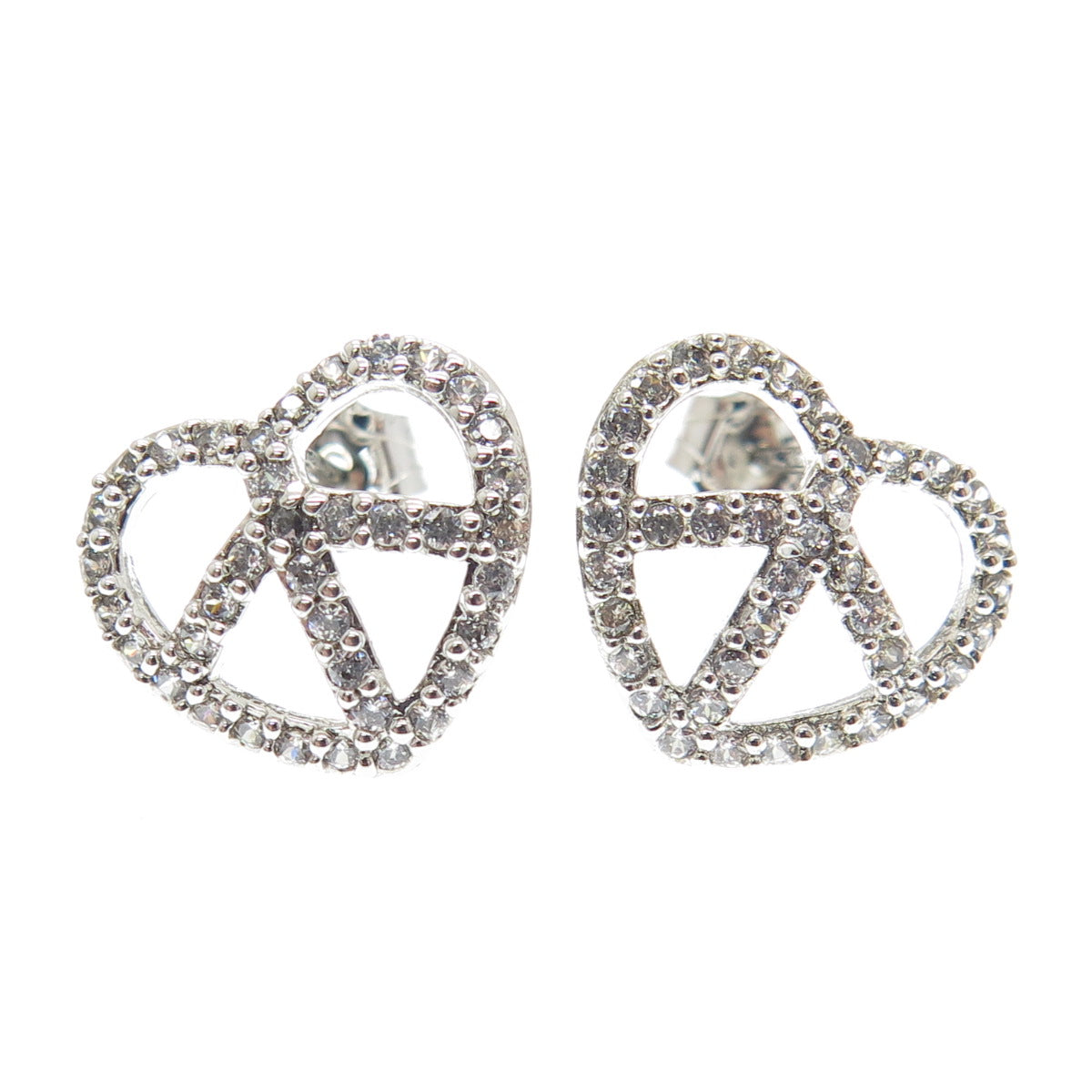 925 Sterling Silver Round-Cut C Z Peace Symbol Heart Stud Earrings