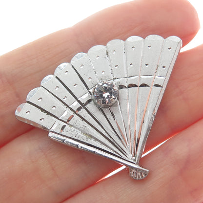 925 Sterling Silver Vintage Real White Topaz Japanese Fan Pin Brooch