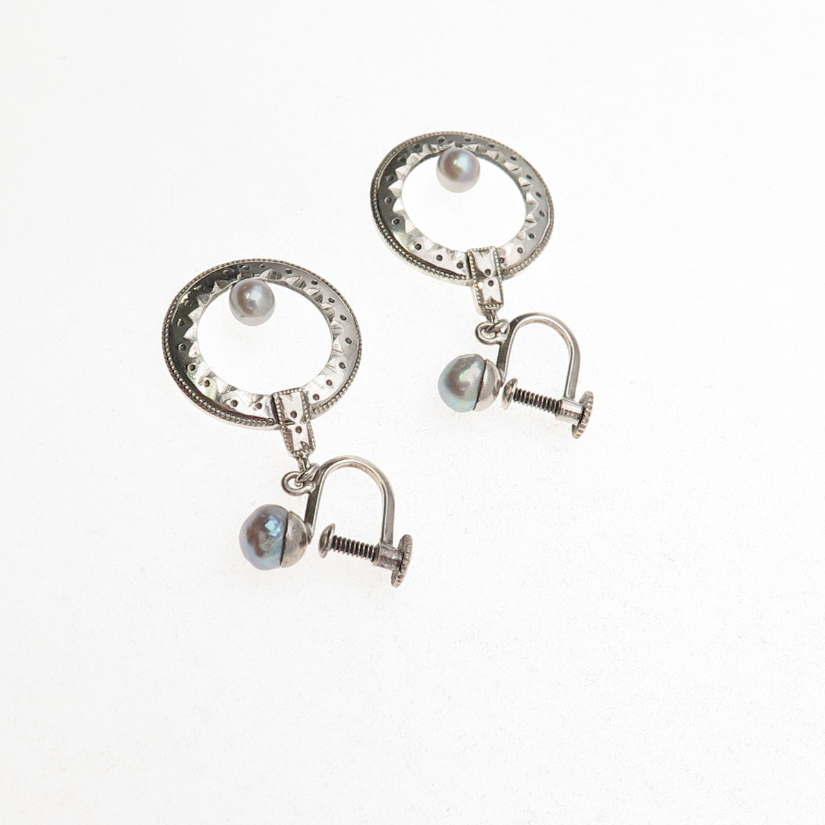 925 Sterling Silver Antique Art Deco Real Pearl Dangle Screw Back Earrings