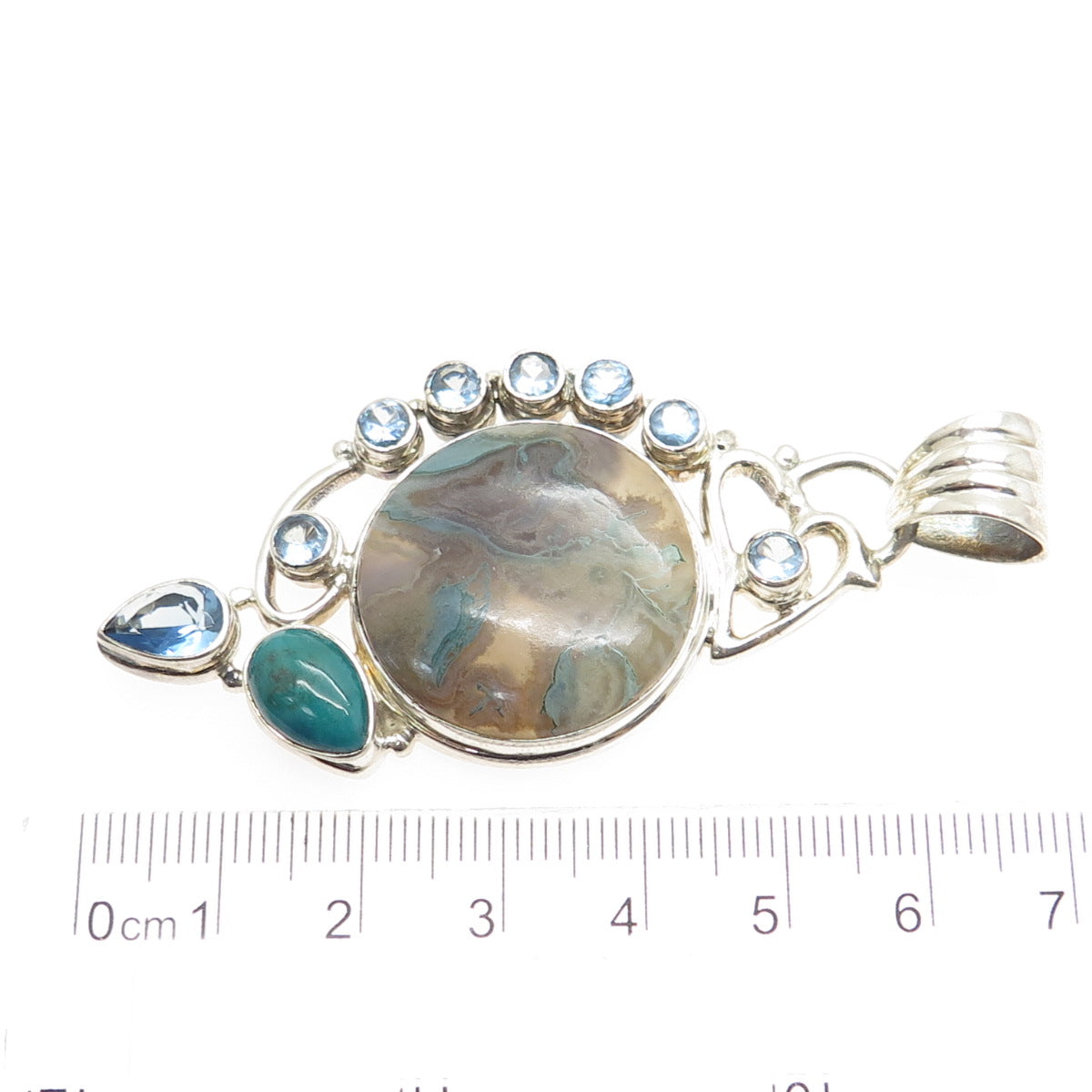 925 Sterling Silver Vintage Real Agate Turquoise & Aquamarine Modernist Pendant