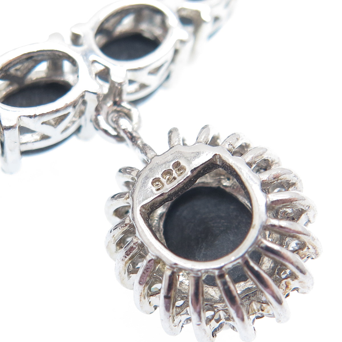 925 Sterling Silver Vintage Real Black Tiger Eye White Topaz Centerpiece Pendant