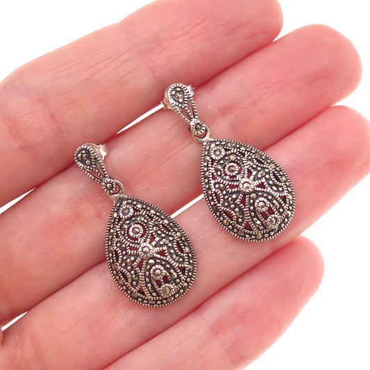 925 Sterling Silver Vintage Real Marcasite Teardrop Oxidized Dangle Earrings