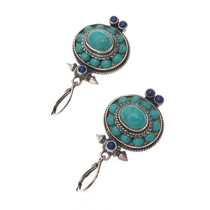 925 Sterling Silver Vintage Real Turquoise & Lapis Oxidized Dangle Earrings
