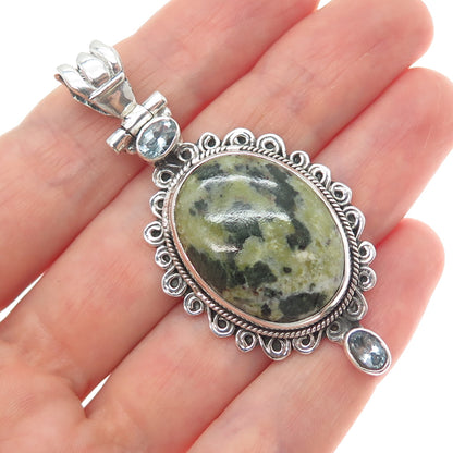 925 Sterling Silver Vintage Real Serpentine & Blue Topaz Charm Pendant