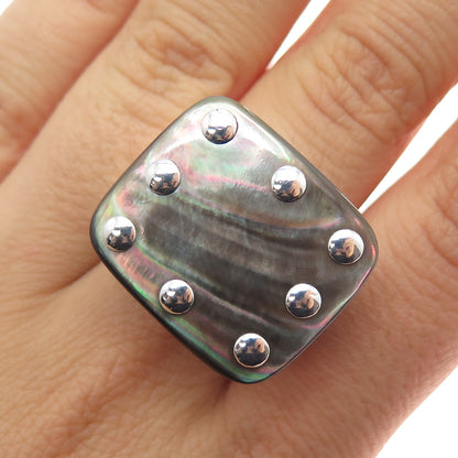 925 Sterling Silver Vintage Real Abalone Shell Modernist Ring Size 7.75