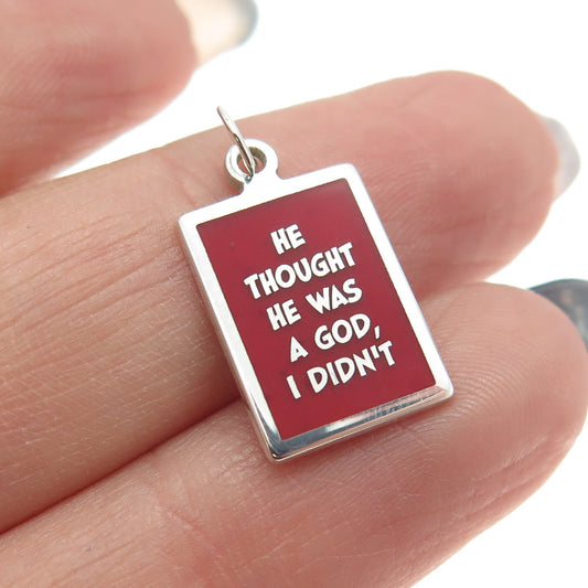 925 Sterling Silver Enamel "He Thought He Was A God, I Din't" Minimalist Pendant