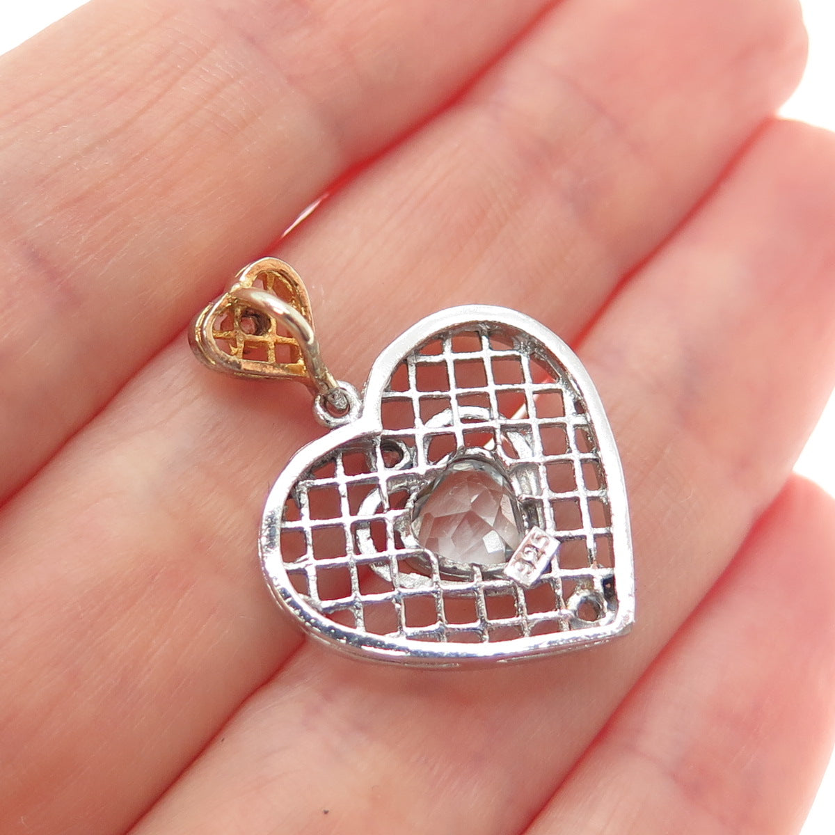 925 Sterling Silver 2-Tone Real Blue Topaz & C Z Heart Charm Pendant