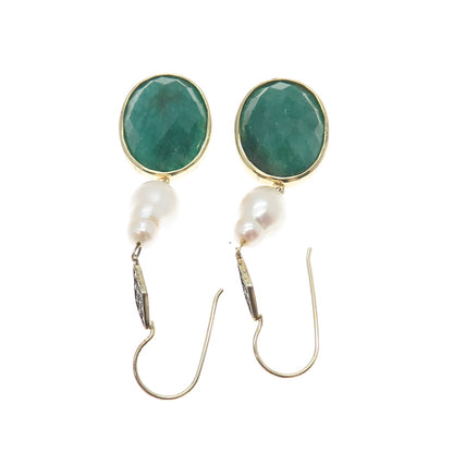 925 Sterling Silver Gold Plated Real Diamond Emerald & Pearl Dangle Earrings