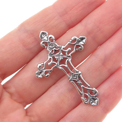 925 Sterling Silver Vintage Fleur de Lis Cross Oxidized Slide Pendant