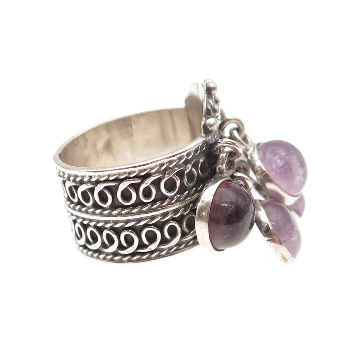 925 Sterling Silver Vintage Mexico Real Amethyst Dangle Charms Ring Size 8.25