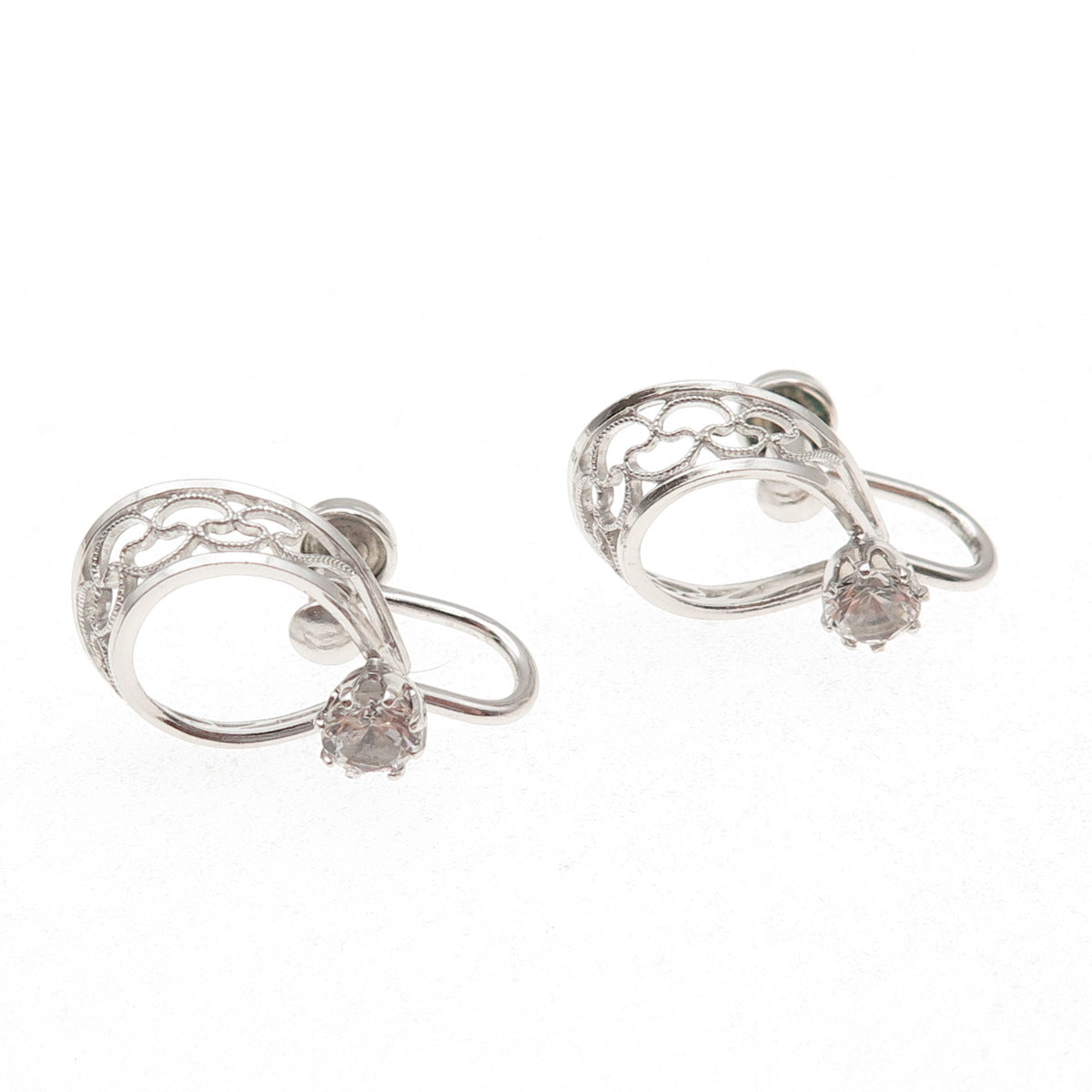 Amco 925 Sterling Silver Vintage Rhinestone Filigree Screw Back Earrings