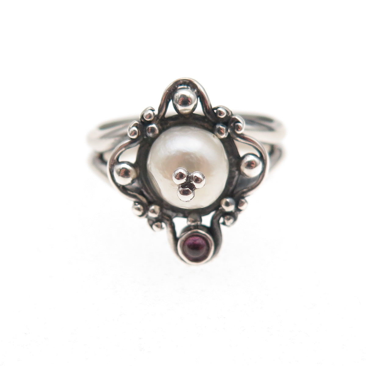 Boma 925 Sterling Silver Vintage Real Pearl & Amethyst Oxidized Ring Size 5