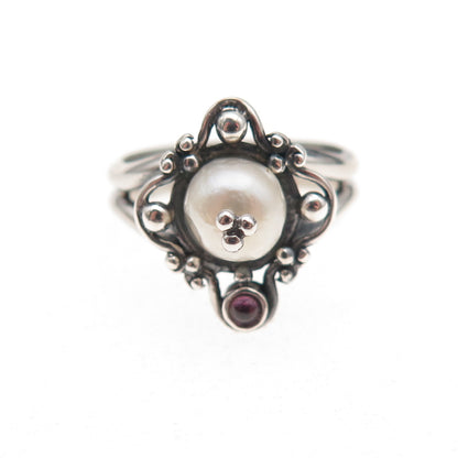 Boma 925 Sterling Silver Vintage Real Pearl & Amethyst Oxidized Ring Size 5
