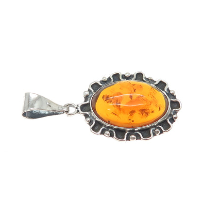 925 Sterling Silver Vintage Mexico Real Amber Modernist Oxidized Charm Pendant