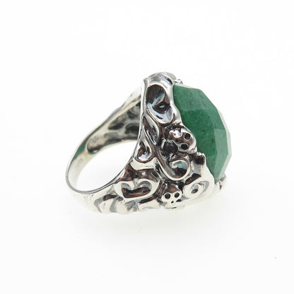 925 Sterling Silver Vintage Real Aventurine Skull Oxidized Ring Size 9