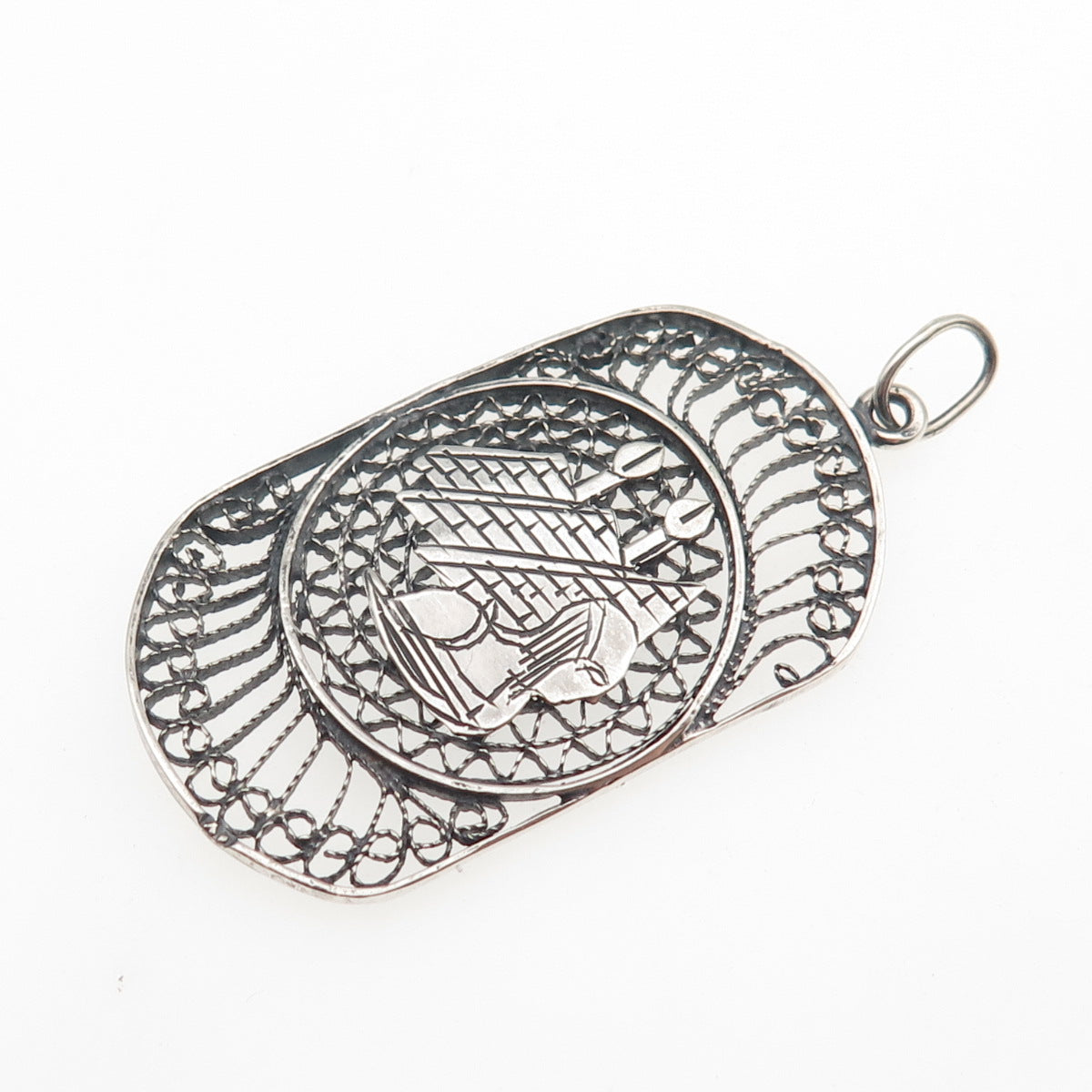 925 Sterling Silver Vintage Egyptian Pyramid Filigree Oxidized Pendant