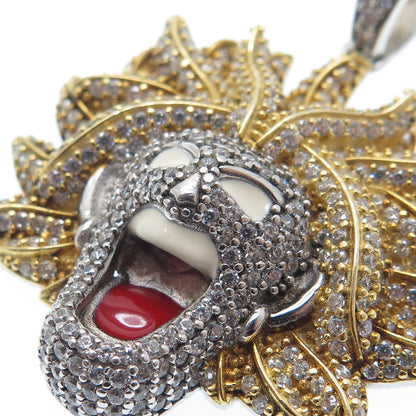 925 Sterling Silver 2-Tone Enamel Round-Cut C Z Super Saiyan Goku Charm Pendant