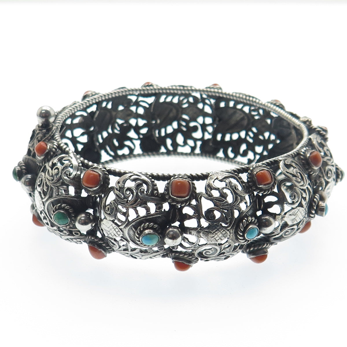 925 Sterling Silver Antique Real Turquoise Coral Floral Oxidized Bracelet 7.75"
