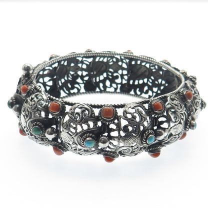 925 Sterling Silver Antique Real Turquoise Coral Floral Oxidized Bracelet 7.75"