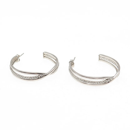 925 Sterling Silver Real Round-Cut White Topaz Crisscross Hoop Earrings