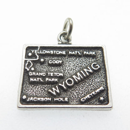 925 Sterling Silver Vintage Wyoming State Map Minimalist Oxidized Charm Pendant