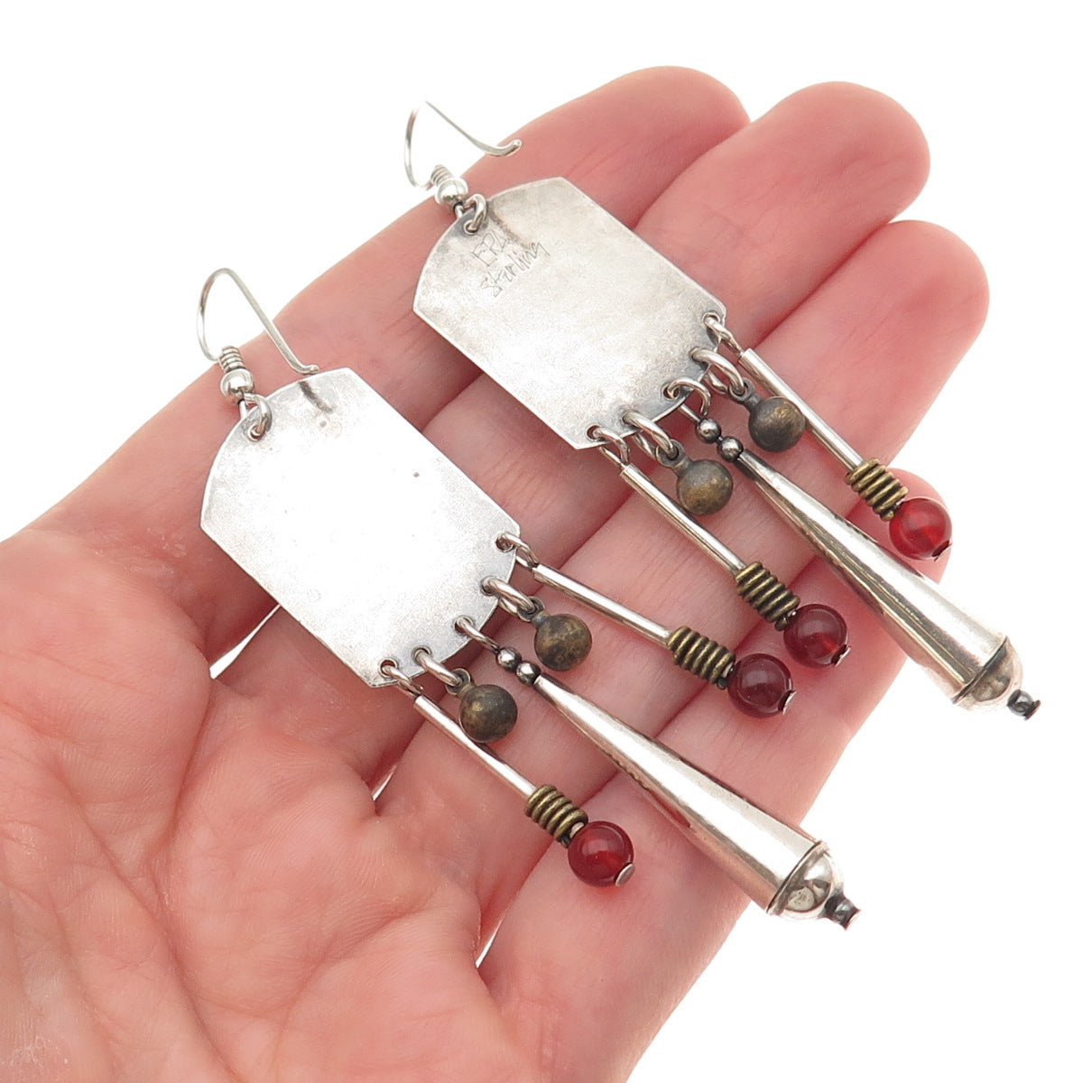 ERA Artisan 925 Sterling Silver Vintage Real Carnelian Modernist Dangle Earrings