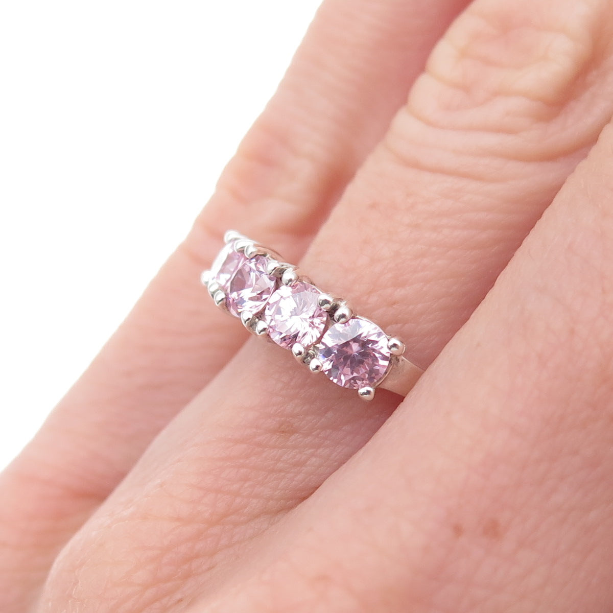 925 Sterling Silver Round-Cut Pink C Z Ring Size 5.25