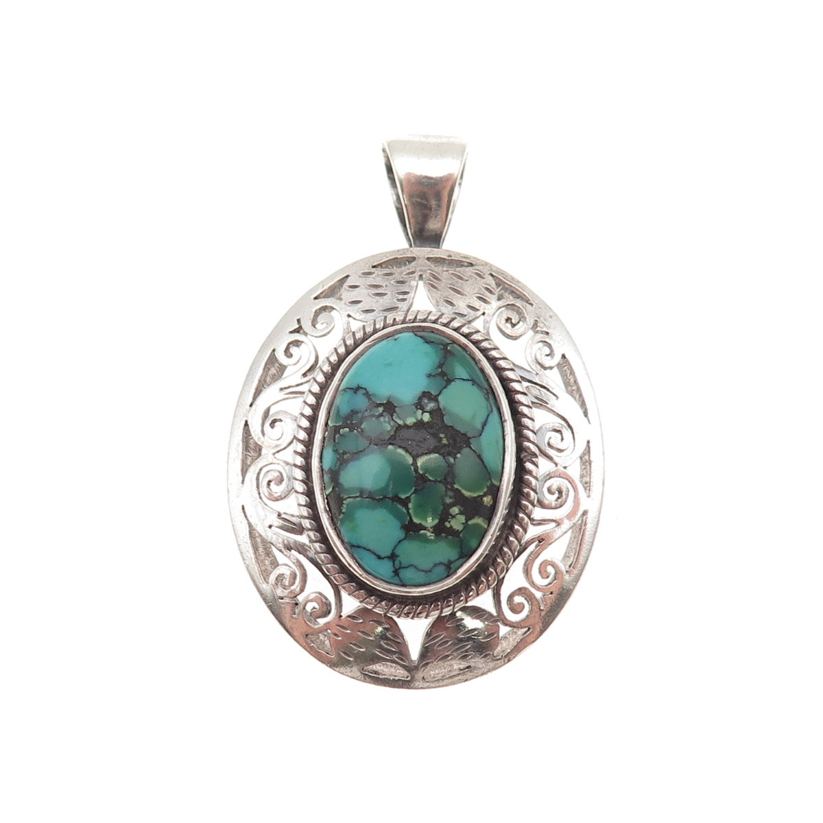 925 Sterling Silver Vintage Real Peacock Turquoise Oxidized Charm Pendant