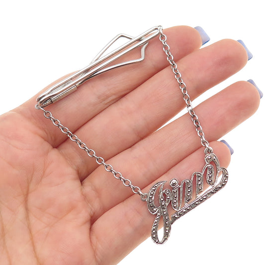 925 Sterling Antique Art Deco Real Marcasite Jim Tag Tie Clip (missing 4 stone)