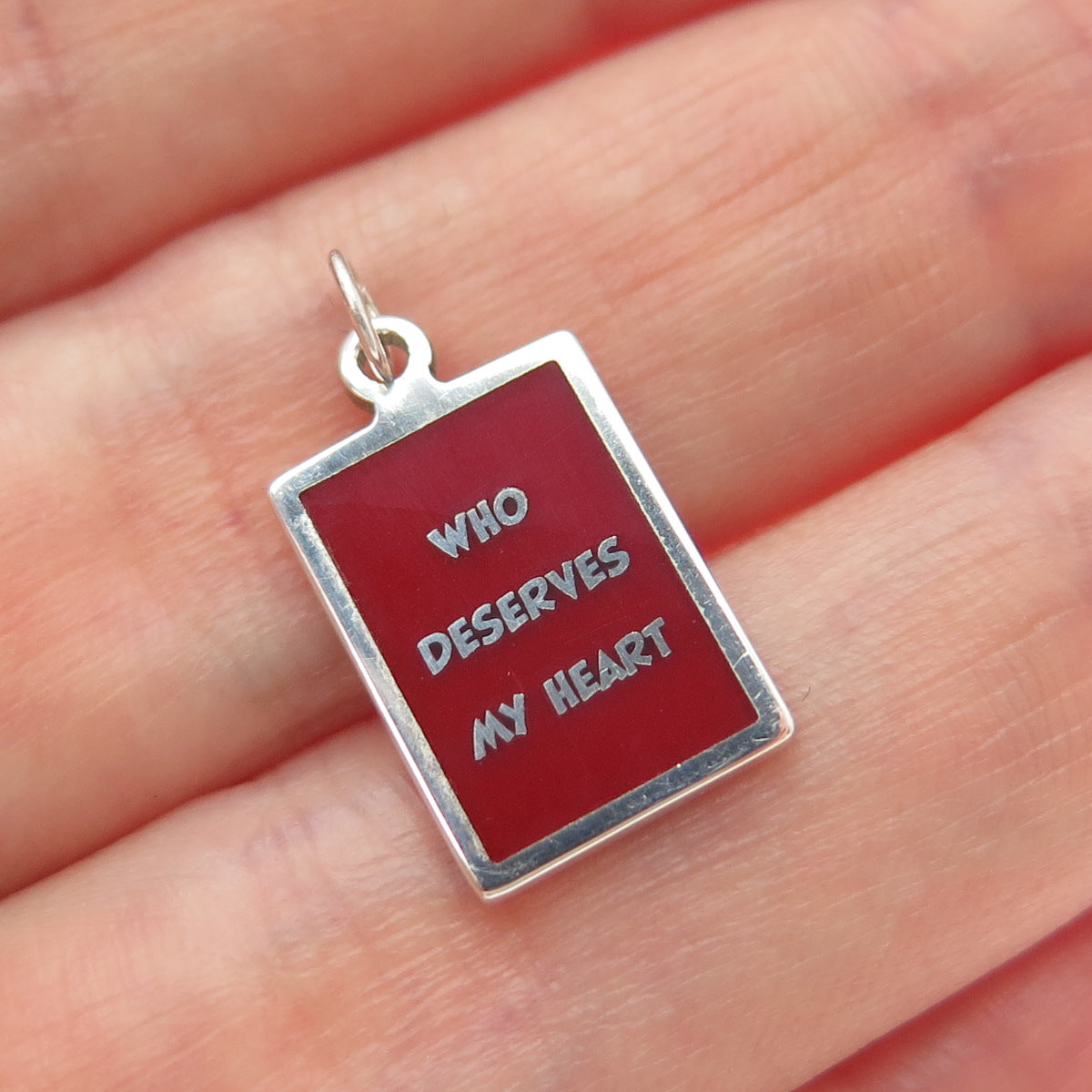 925 Sterling Silver Red Enamel Who Deserves My Heart Minimalist Charm Pendant