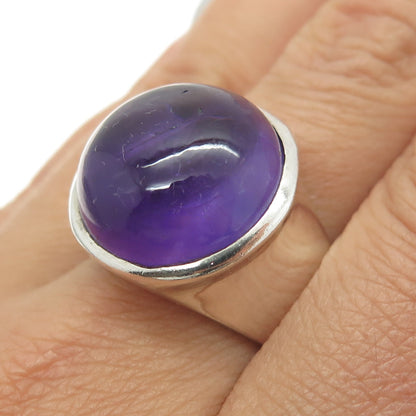 925 Sterling Silver Vintage Real Cabochon Round-Cut Amethyst Ring Size 9.75