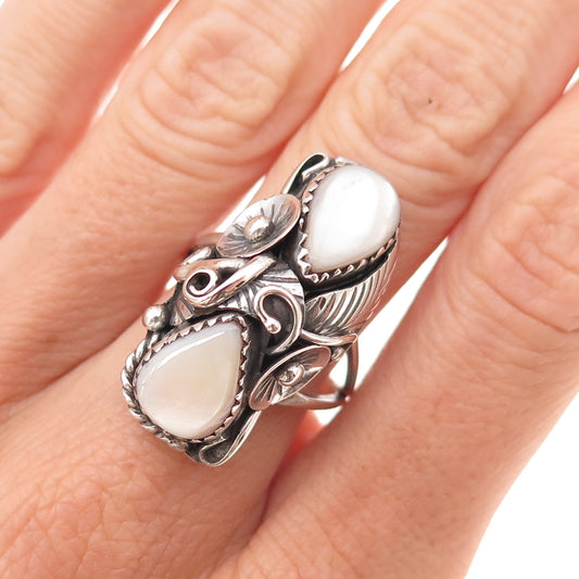 Old Pawn Sterling Silver Vintage Southwestern MOP Floral Feather Ring Size 7.25