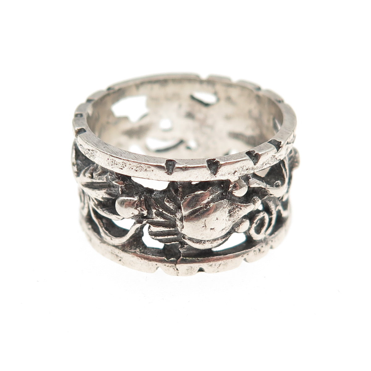 925 Sterling Silver Antique Art Deco Floral Oxidized Band Ring Size 7.25
