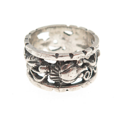 925 Sterling Silver Antique Art Deco Floral Oxidized Band Ring Size 7.25