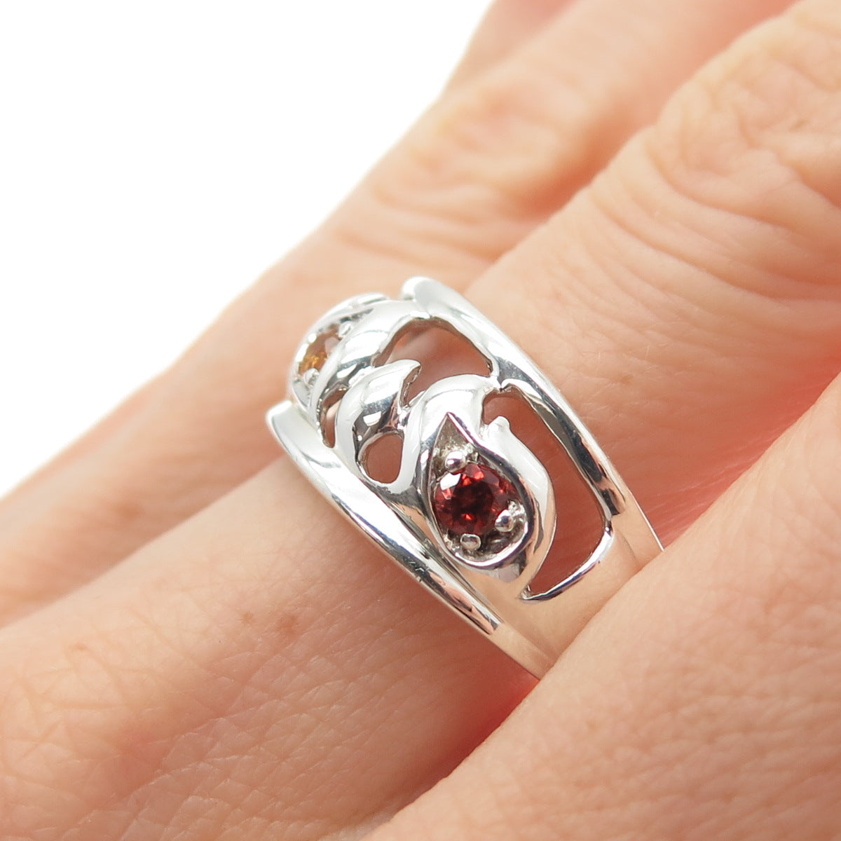 925 Sterling Silver Vintage Real Red Garnet Citrine & C Z Flame Ring Size 10.25