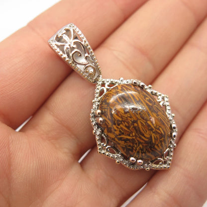925 Sterling Silver Vintage Real Mariam Jasper Gemstone Oval Pendant