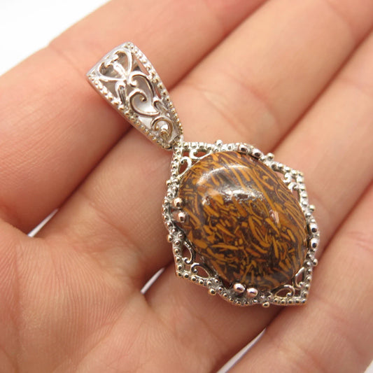 925 Sterling Silver Vintage Real Mariam Jasper Gemstone Oval Pendant