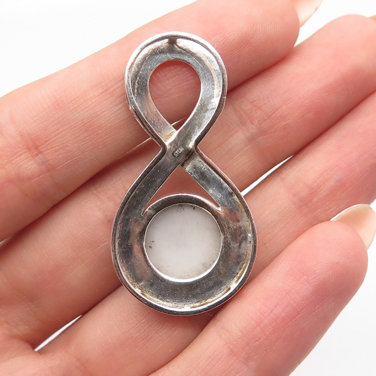 925 Sterling Silver Vintage Real Agate Gem Figure 8 / Infinity Slide Pendant