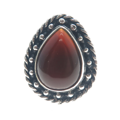925 Sterling Silver Vintage Real Pear-Cut Carnelian Oxidized Ring Size 8.25
