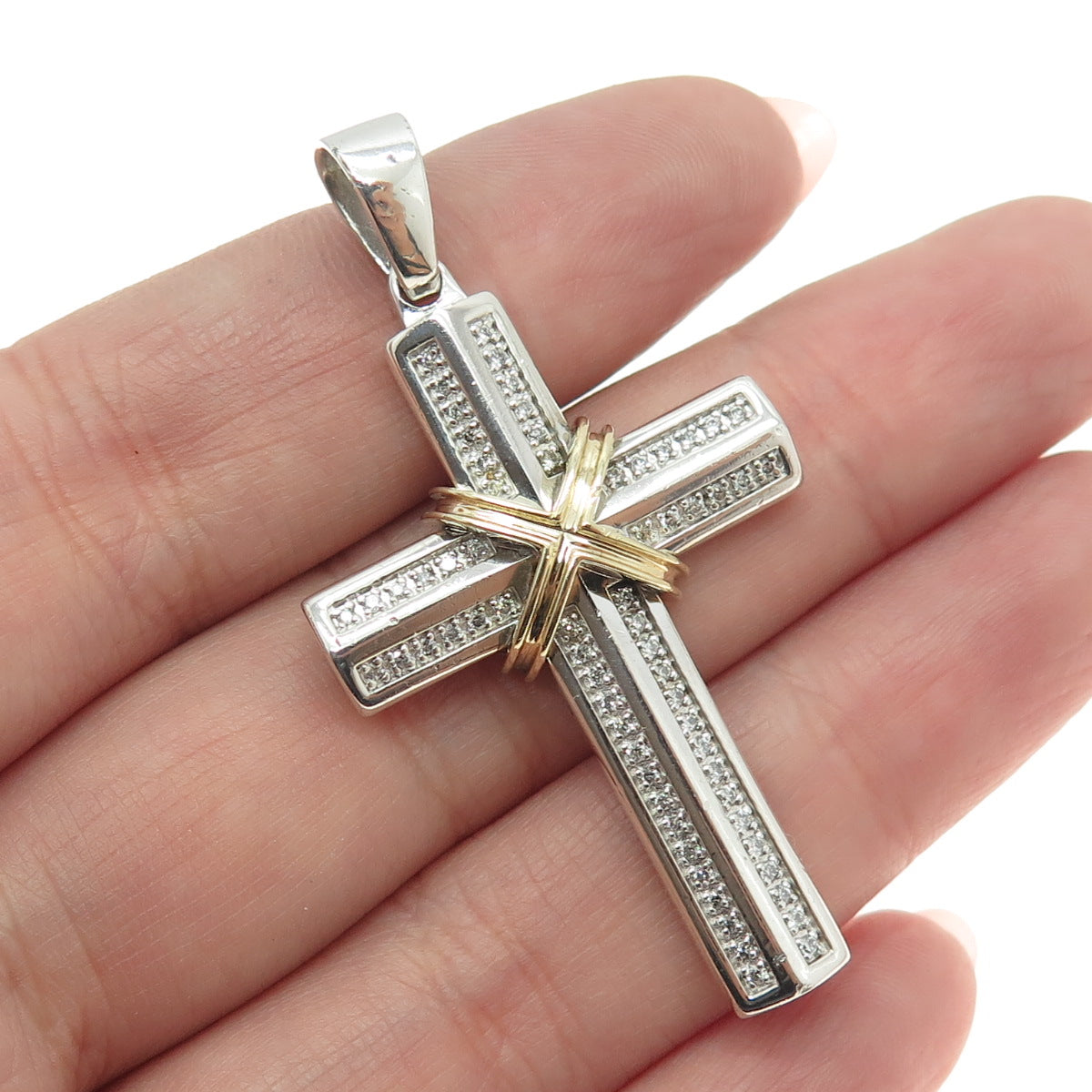 925 Sterling Silver & 10K Gold Real Round-Cut Diamond Cross Pendant