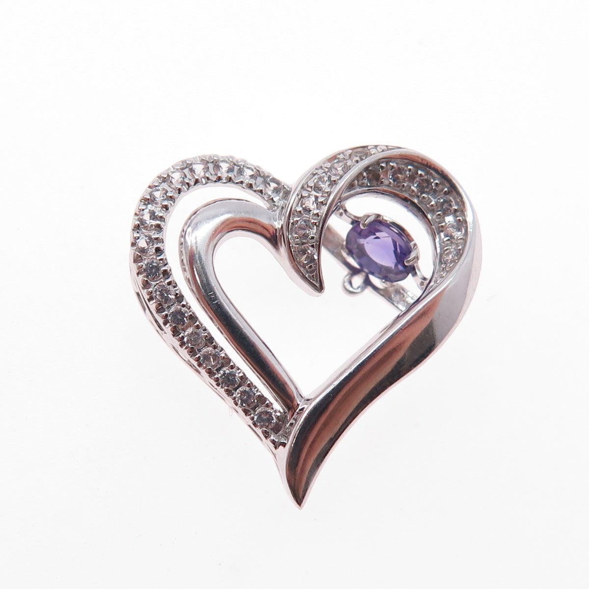 925 Sterling Silver Real White Topaz & Amethyst Heart Mini Slide Charm Pendant