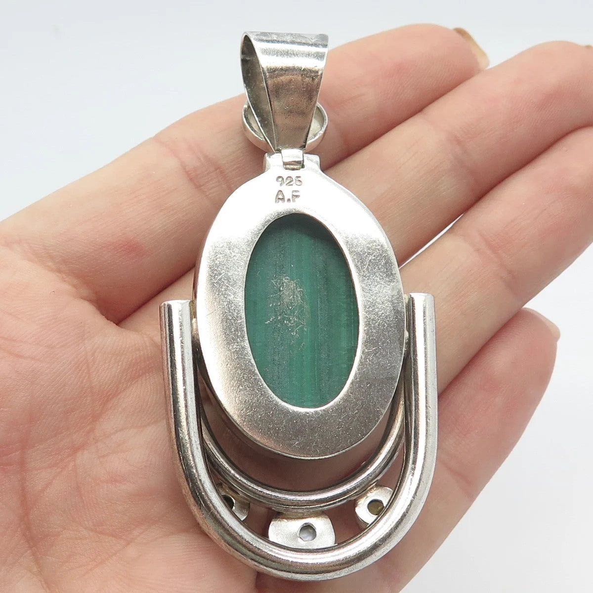 925 Sterling Silver Vintage Real Malachite Peridot Gemstone & Pearl Pendant