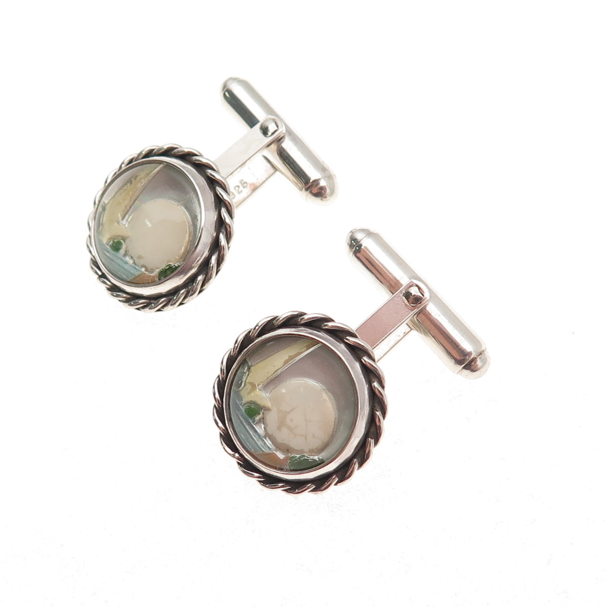 Vincent Simone 925 Sterling Silver Vintage Enamel Landscape Cufflinks