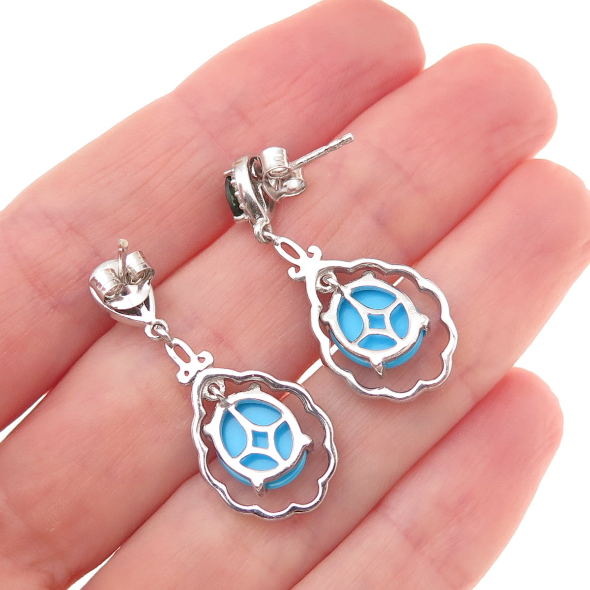 Chuck Clemency 925 Sterling Silver Real Turquoise Peridot & White Topaz Earrings