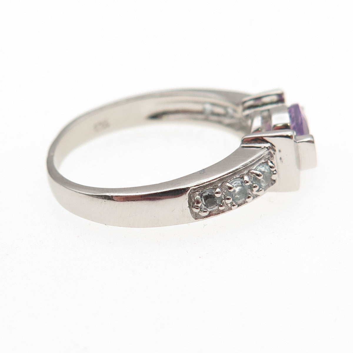 925 Sterling Silver Real Round-Cut Amethyst & Blue Topaz Ring Size 7.25