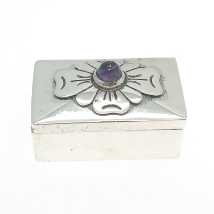 DAMASO GALLEGOS Sterling Silver Vintage Mexico Amethyst Flower Pill Snuff Box